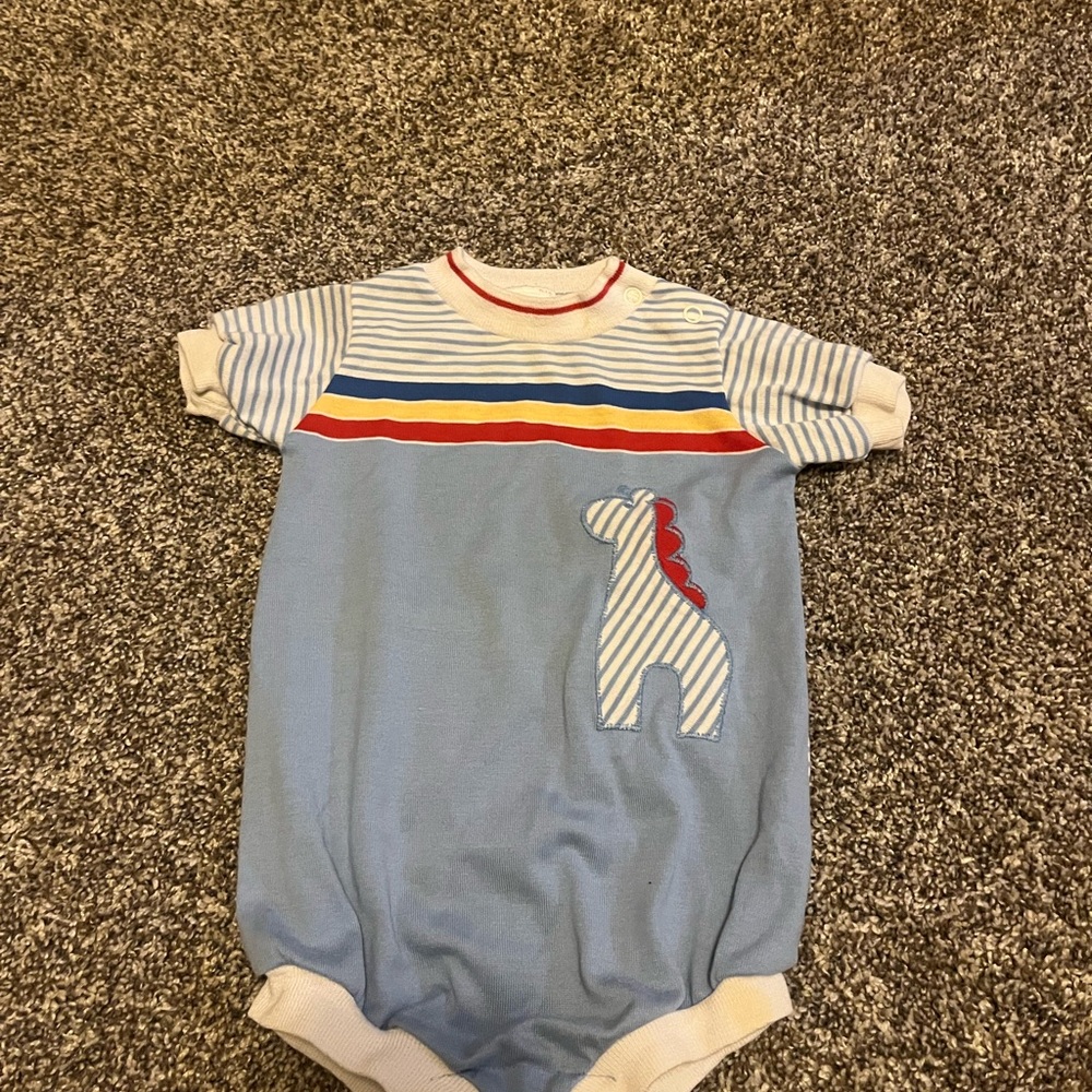 Vintage Health-Tex One Piece Bodysuit 18‎ m Blue Stripe Giraffe 90s Made in USA